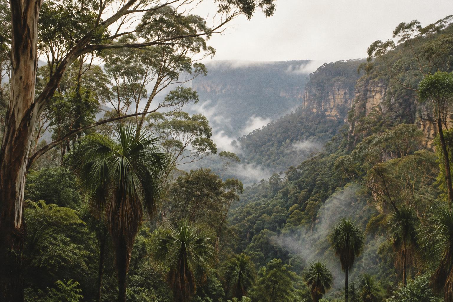 Mist rising through eucalyptus and palm forest on the Illawarra escarpment