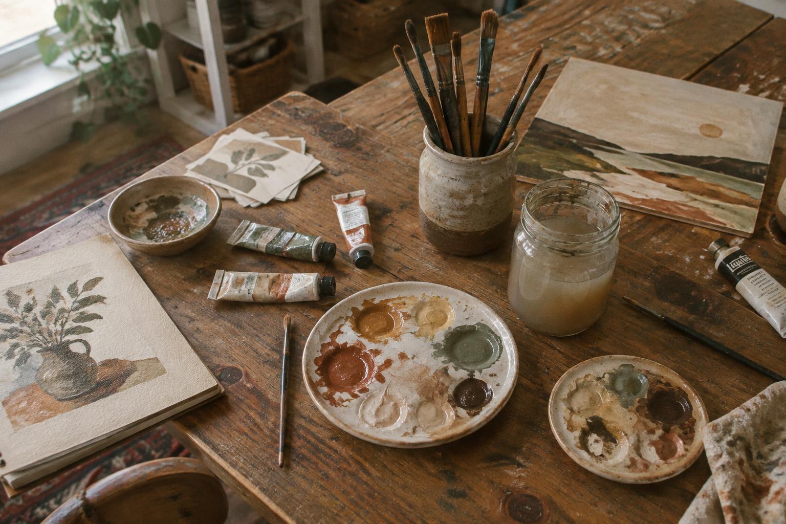 Paint palettes, brushes and paint tubes on a wooden community art table