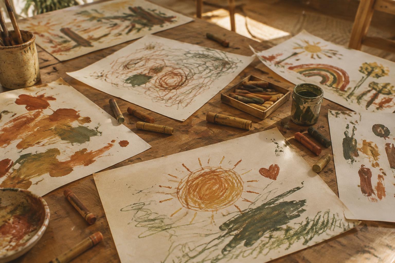 Colourful scribbles and paint marks on paper scattered across a workshop table